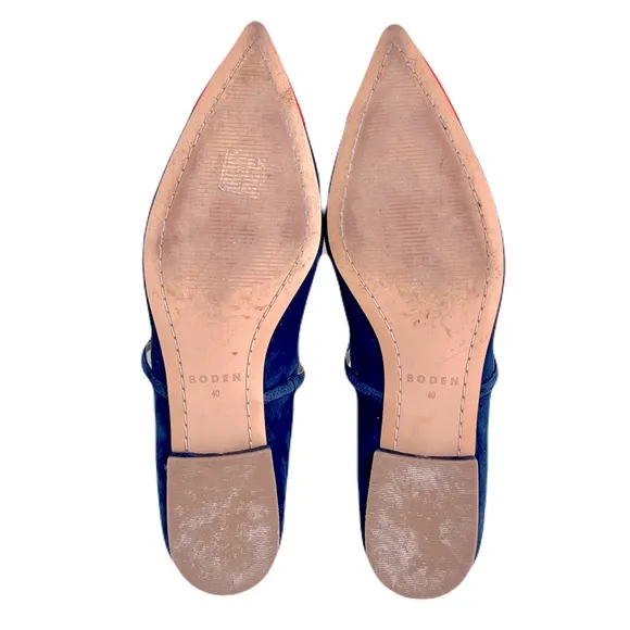 Boden Navy Suede and Poppy Red Leather Mary Jane Tassel Tie Point Flats, Size 40