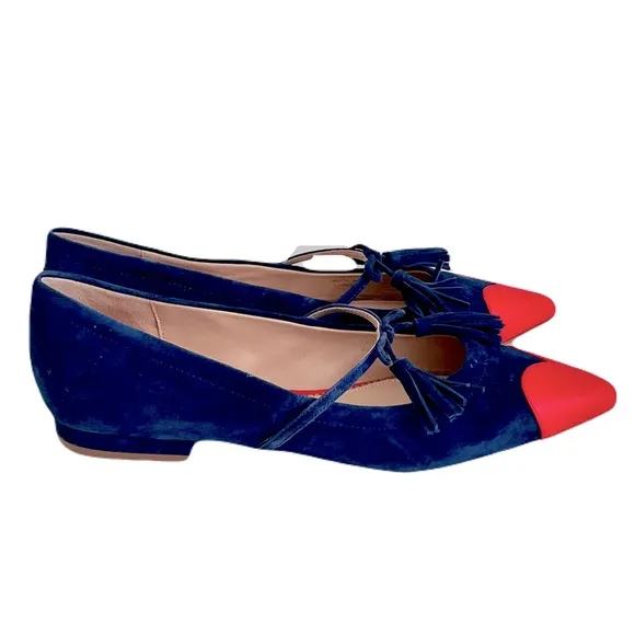 Boden Navy Suede and Poppy Red Leather Mary Jane Tassel Tie Point Flats, Size 40