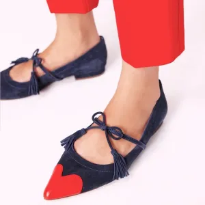 Boden Navy Suede and Poppy Red Leather Mary Jane Tassel Tie Point Flats, Size 40
