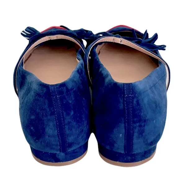 Boden Navy Suede and Poppy Red Leather Mary Jane Tassel Tie Point Flats, Size 40