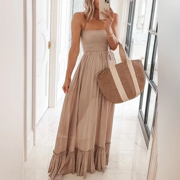 Boho Free Hippie Backless Halter Dress In Dune