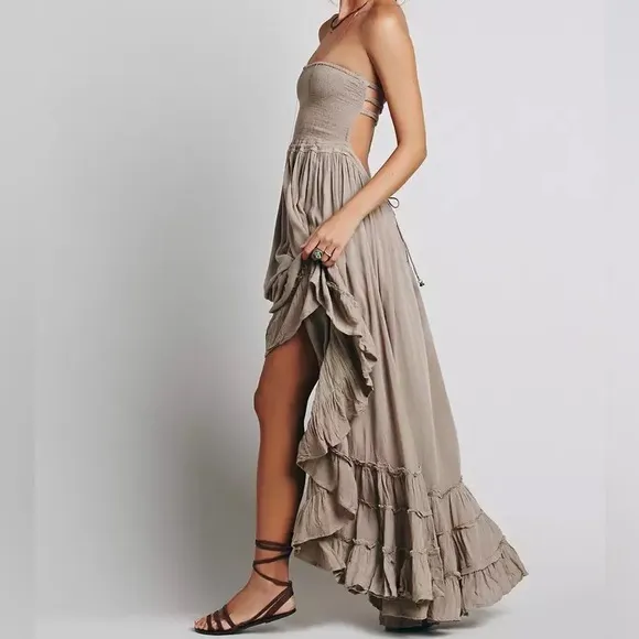 Boho Free Hippie Backless Halter Dress In Dune
