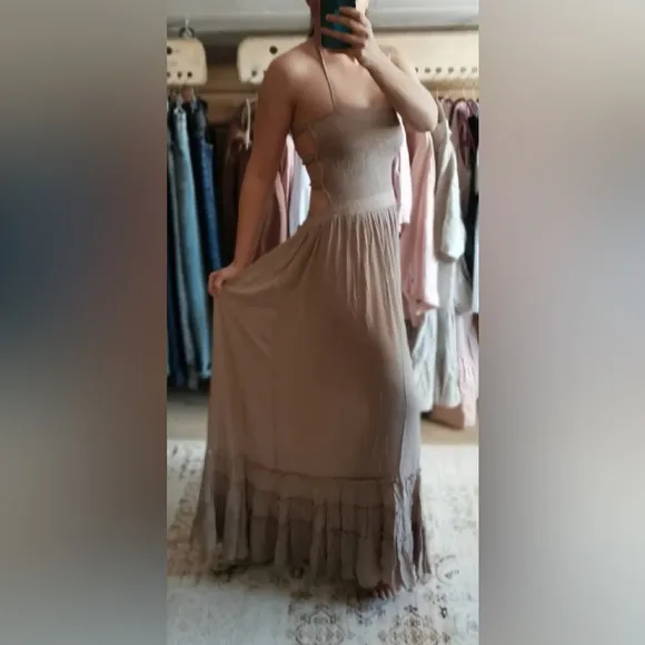 Boho Free Hippie Backless Halter Dress In Dune
