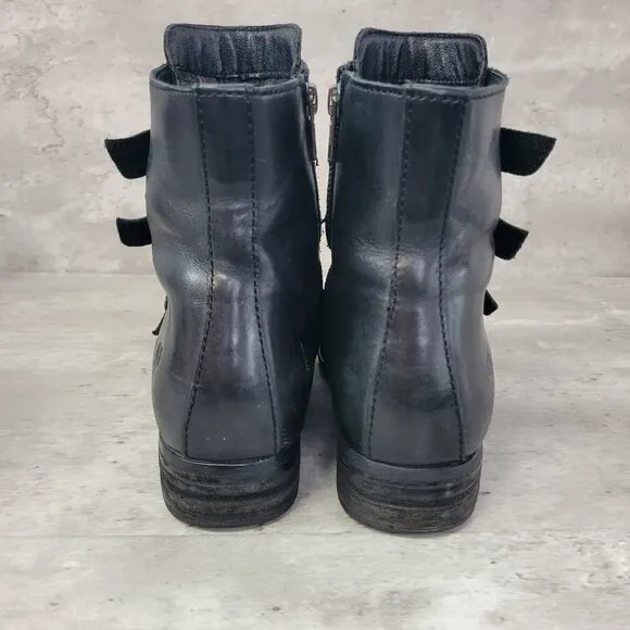 Born Boots Womens 7.5 Black Cardi Biker Boots Buckles Side Zip Moto Grung