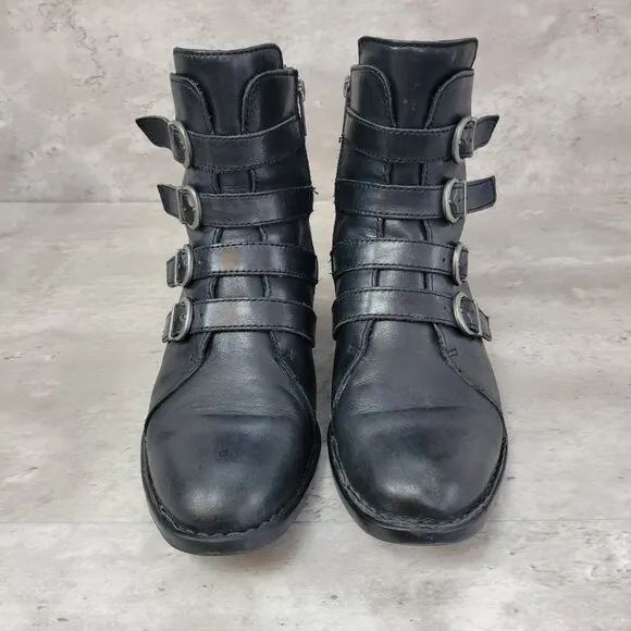 Born Boots Womens 7.5 Black Cardi Biker Boots Buckles Side Zip Moto Grung
