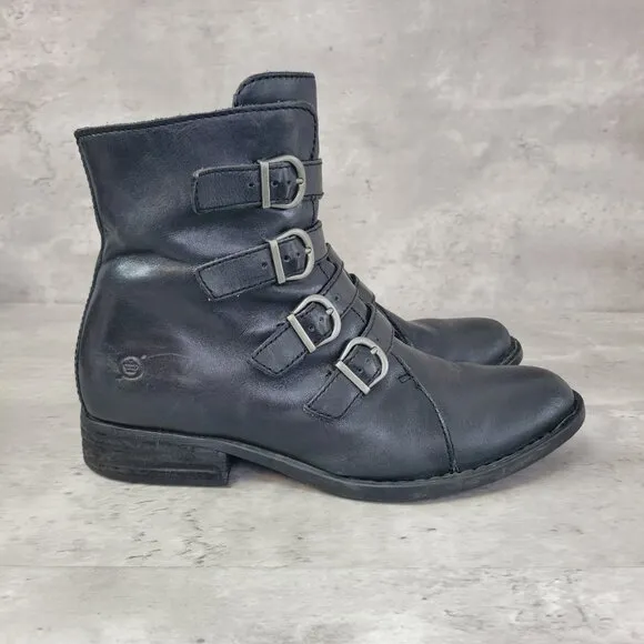 Born Boots Womens 7.5 Black Cardi Biker Boots Buckles Side Zip Moto Grung