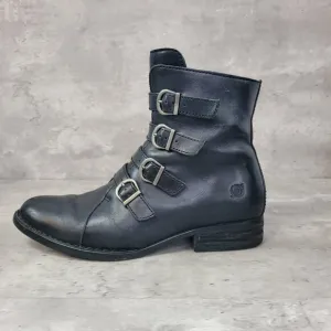 Born Boots Womens 7.5 Black Cardi Biker Boots Buckles Side Zip Moto Grung