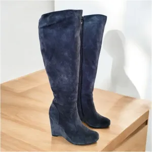 Born Crown Olana Blue Gray Side Zip Knee High Suede Wedge Boots Women's Size 6.5