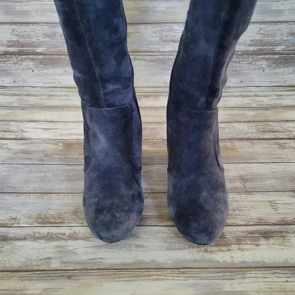 Born Crown Olana Blue Gray Side Zip Knee High Suede Wedge Boots Women's Size 6.5