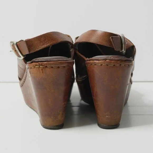 Born Emmy Sandals Wedge Heel Platform Brown Leather Shoe Slingback Sz 7 Boho SEE