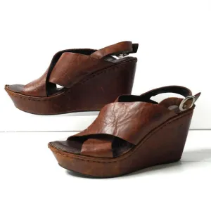 Born Emmy Sandals Wedge Heel Platform Brown Leather Shoe Slingback Sz 7 Boho SEE