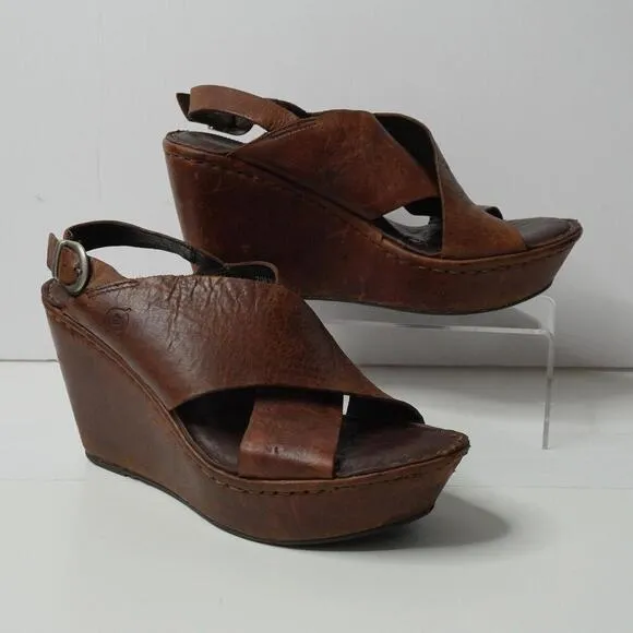 Born Emmy Sandals Wedge Heel Platform Brown Leather Shoe Slingback Sz 7 Boho SEE