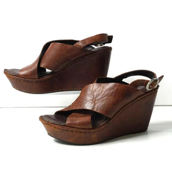 Born Emmy Sandals Wedge Heel Platform Brown Leather Shoe Slingback Sz 7 Boho SEE