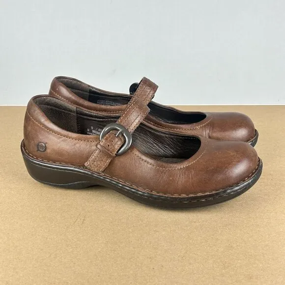 Born Leather Mary Jane Comfort Flats Womens 9 Brown Adjustable Buckle