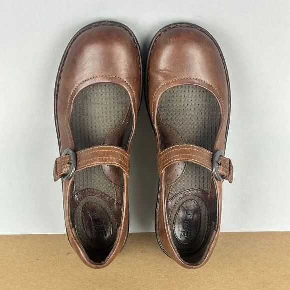 Born Leather Mary Jane Comfort Flats Womens 9 Brown Adjustable Buckle