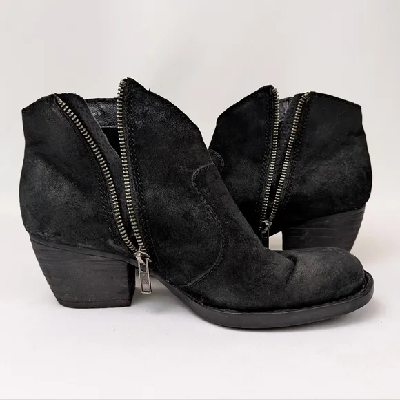 Born Michel Distressed Suede Ankle Boot Side Zip Block Heel Western Black size 7
