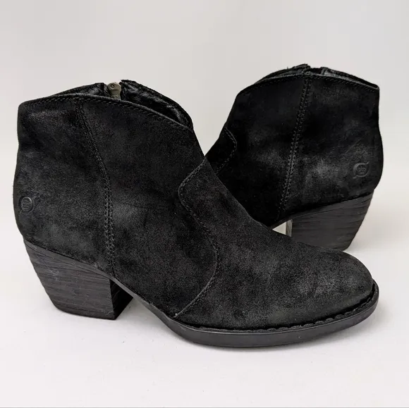 Born Michel Distressed Suede Ankle Boot Side Zip Block Heel Western Black size 7