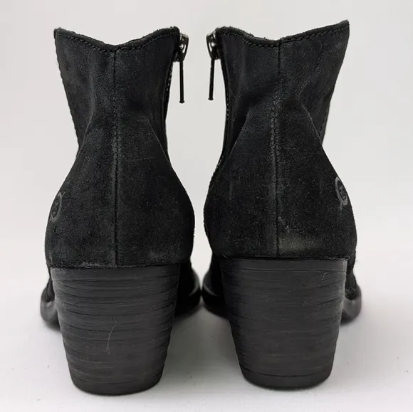 Born Michel Distressed Suede Ankle Boot Side Zip Block Heel Western Black size 7