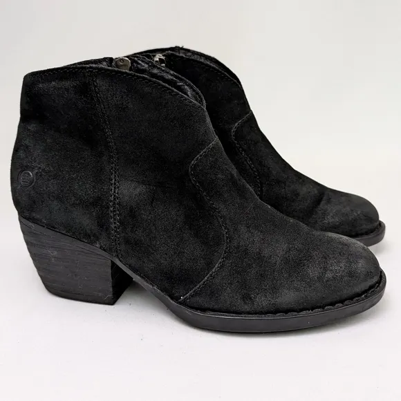 Born Michel Distressed Suede Ankle Boot Side Zip Block Heel Western Black size 7
