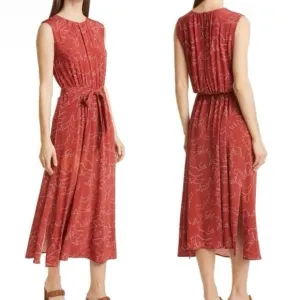Boss Esoara Rust Floral Sleeveless Belted A-line Midi Dress size Small