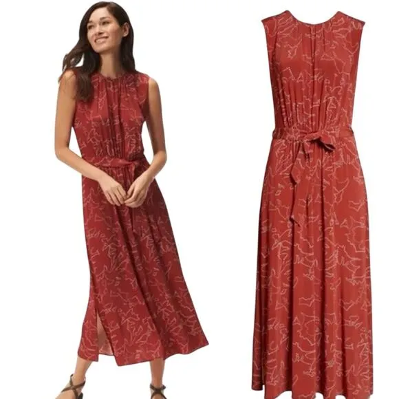 Boss Esoara Rust Floral Sleeveless Belted A-line Midi Dress size Small