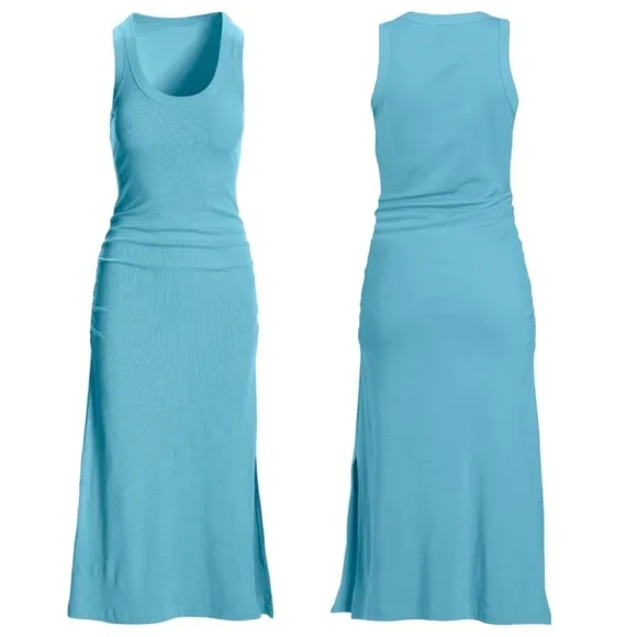 Boston Proper Scoop Neck Ruched Rib Knit Midi Dress Blue Topaz Size M