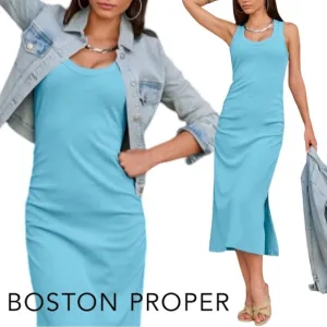 Boston Proper Scoop Neck Ruched Rib Knit Midi Dress Blue Topaz Size M