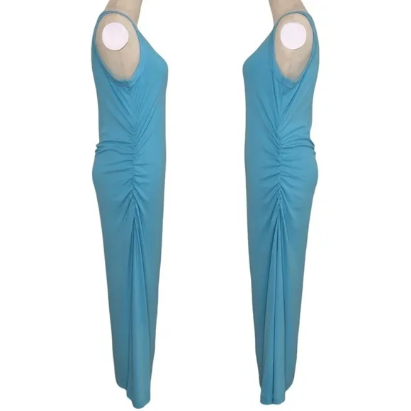 Boston Proper Scoop Neck Ruched Rib Knit Midi Dress Blue Topaz Size M