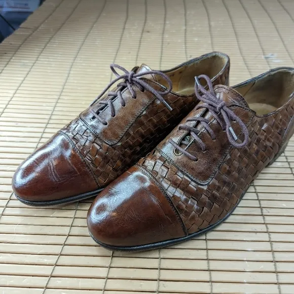 Bostonian Florentine Brown Leather Cap Toe Woven Shoes Oxford Made in Italy Men'