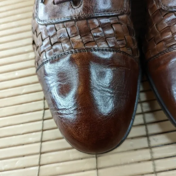 Bostonian Florentine Brown Leather Cap Toe Woven Shoes Oxford Made in Italy Men'