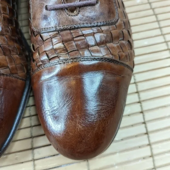 Bostonian Florentine Brown Leather Cap Toe Woven Shoes Oxford Made in Italy Men'