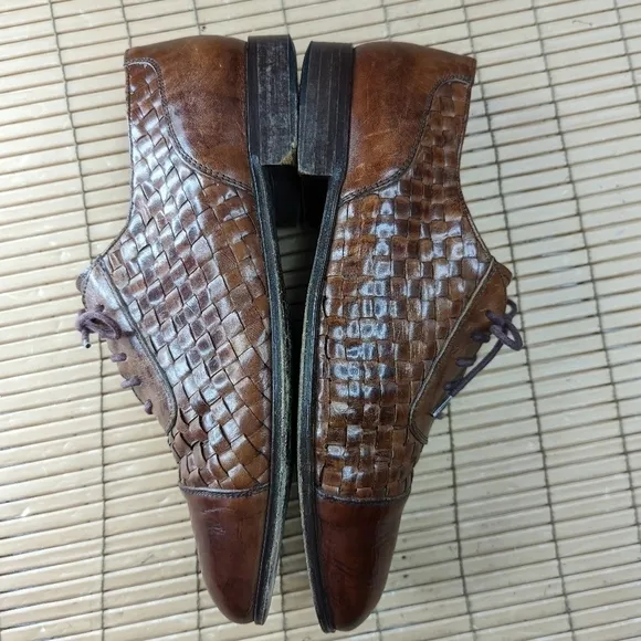 Bostonian Florentine Brown Leather Cap Toe Woven Shoes Oxford Made in Italy Men'