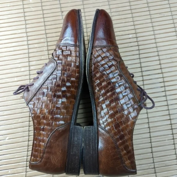 Bostonian Florentine Brown Leather Cap Toe Woven Shoes Oxford Made in Italy Men'