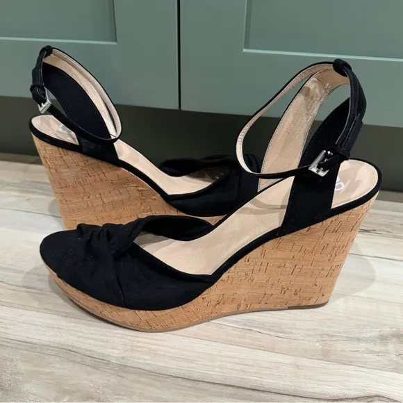 BP black platform wedges high heels sandals ankle strap twisted strappy cork 13