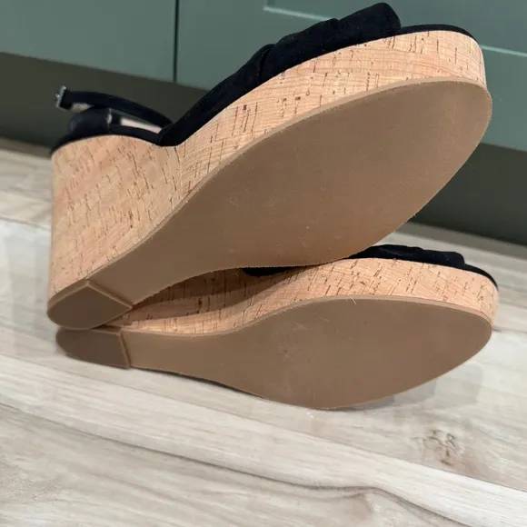 BP black platform wedges high heels sandals ankle strap twisted strappy cork 13