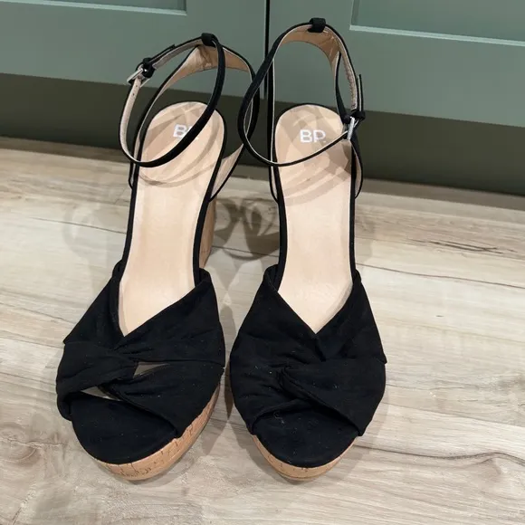 BP black platform wedges high heels sandals ankle strap twisted strappy cork 13