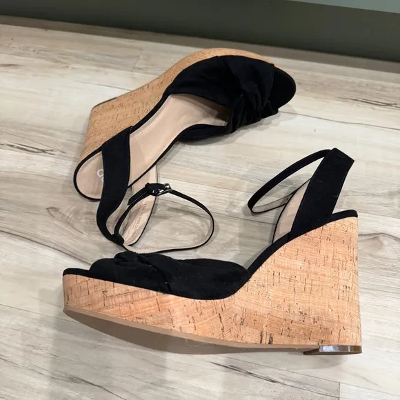 BP black platform wedges high heels sandals ankle strap twisted strappy cork 13