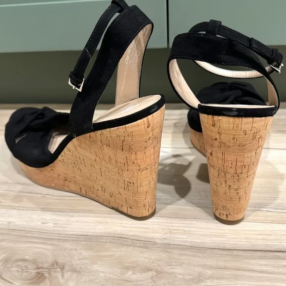 BP black platform wedges high heels sandals ankle strap twisted strappy cork 13
