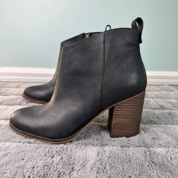 BP Lance Lea Leather Ankle Boots Booties Block Heel Side Zip Womens 10M Black