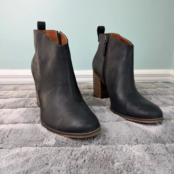 BP Lance Lea Leather Ankle Boots Booties Block Heel Side Zip Womens 10M Black