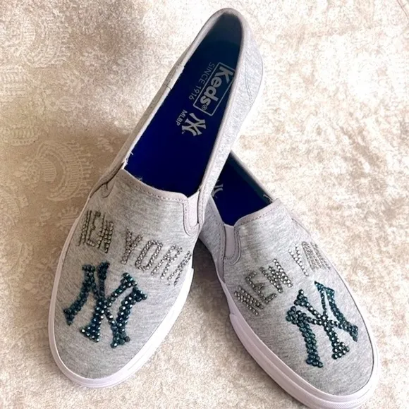 Brand New Keds New York Yankees Custom Bling Beaded Gray Slip On Sneakers MLB