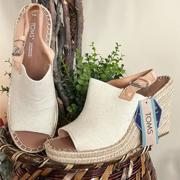 Brand New TOMS Natural Oxford Leather Neutral Espadrille Wedge Slingback Sandals