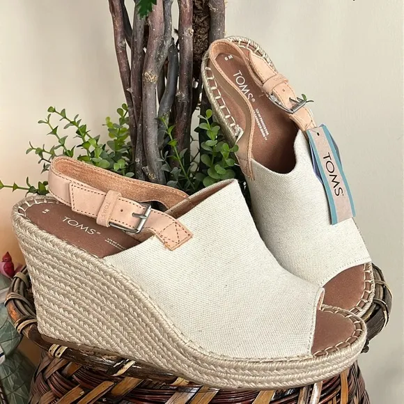 Brand New TOMS Natural Oxford Leather Neutral Espadrille Wedge Slingback Sandals