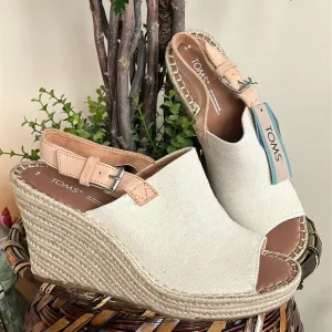 Brand New TOMS Natural Oxford Leather Neutral Espadrille Wedge Slingback Sandals
