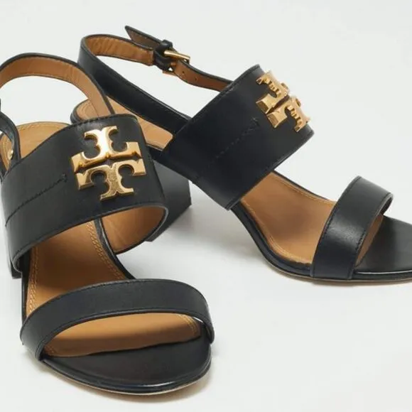Brand New Tory Burch Women Size US 8 Mini Everly Heeled Sandal Black/ Gold 60222