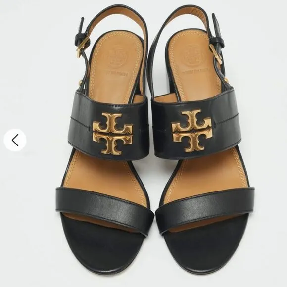 Brand New Tory Burch Women Size US 8 Mini Everly Heeled Sandal Black/ Gold 60222