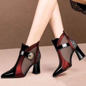 Breathable Mesh High Heel Ankle Boots, Comfortable Chunky Heel Short Boots