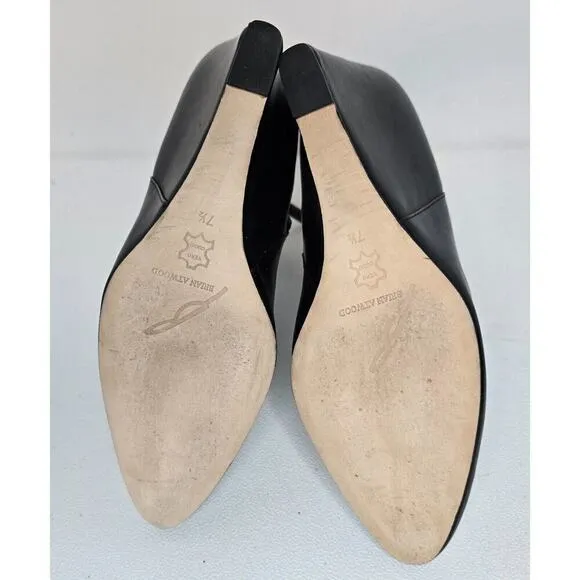 Brian Atwood Black Leather Bellaria Wedge Ankle Boots SIDE ZIP SZ 7.5 B