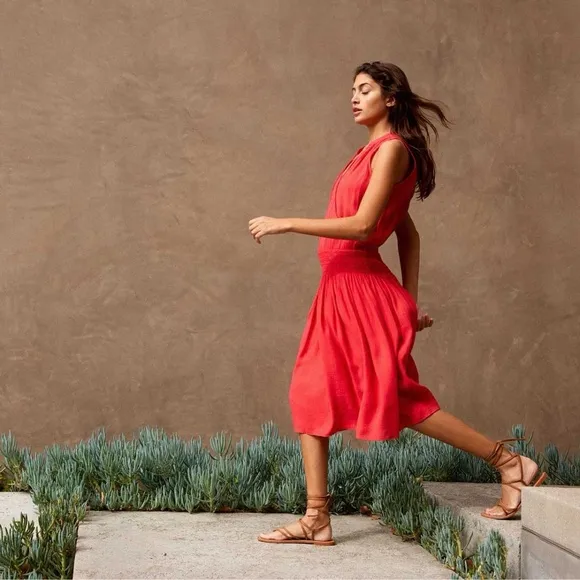 Brochu Walker Francine Crinkle Gauze Midi Dress Vermillion Red XS