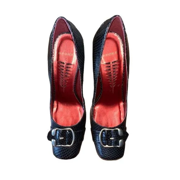 Bronx Claudine Square Toe Y2K W/Buckle Black Leather Heels Womens Size 10 NEW